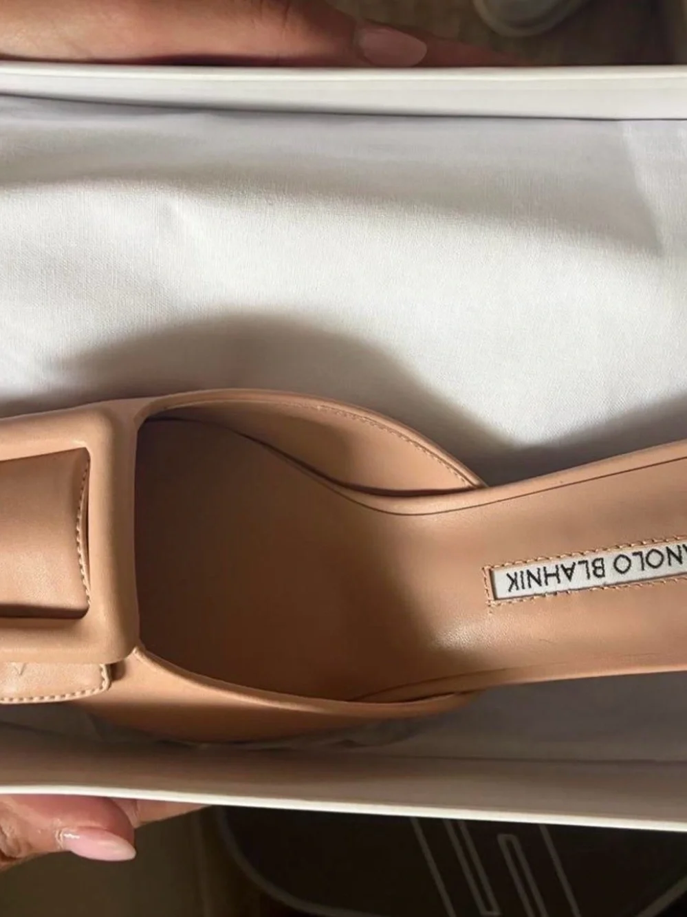 Manolo Blahnik Nude Tan Leather Square-Buckle Mule
